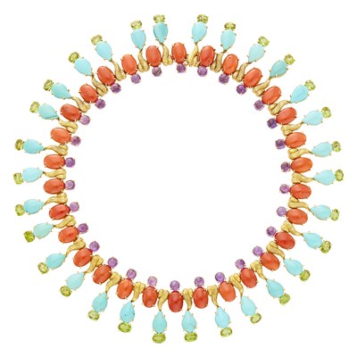Lot 11 - Tony Duquette Gold, Coral, Turquoise, Cabochon Amethyst and Peridot Fringe Necklace