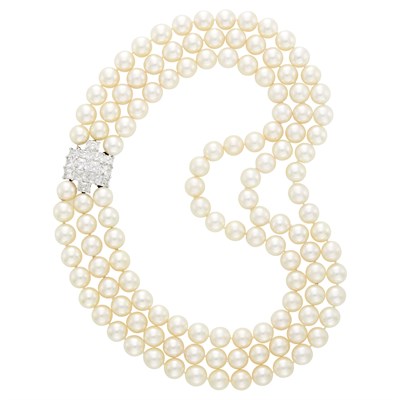 Lot 161 - Cartier Triple Strand Cultured Pearl Necklace with Platinum and Diamond Clasp