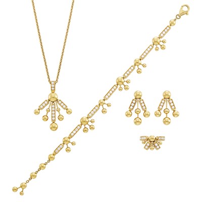 Lot 69 - Bulgari Gold and Diamond Pendant-Necklace, Bracelet, Pair of Pendant-Earrings and Ring
and Ring