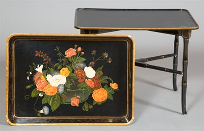 Lot 52 - Victorian Style Floral Decorated Black Lacquer...