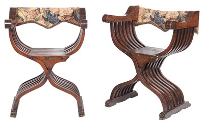 Lot 627 - Assembled Pair of Italian Walnut Savonarola Armchairs