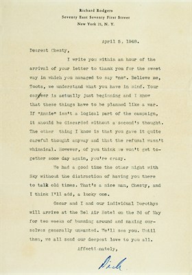 Lot 39 - RODGERS, RICHARD Letter signed to Celeste Holm...