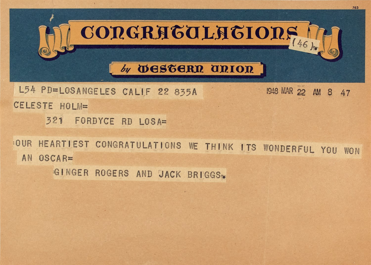 Lot 35 - [OSCARS-TELEGRAMS] Group of telegrams from...