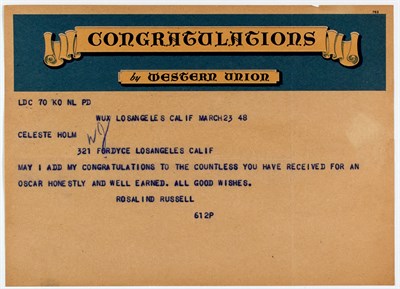 Lot 35 - [OSCARS-TELEGRAMS] Group of telegrams from...