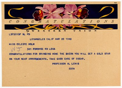 Lot 35 - [OSCARS-TELEGRAMS] Group of telegrams from...