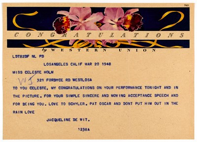 Lot 35 - [OSCARS-TELEGRAMS] Group of telegrams from...