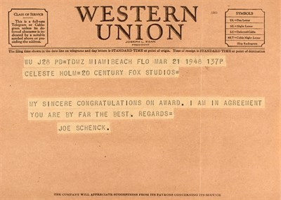 Lot 33 - TWENTIETH CENTURY FOX Telegram from studio...