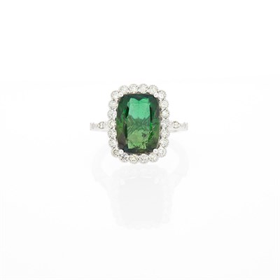 Lot 1136 - White Gold, Green Tourmaline and Diamond Ring