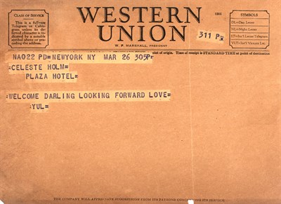 Lot 45 - LAWRENCE, GERTRUDE and BRYNNER, YUL Telegrams...