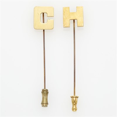 Lot 1 - CELESTE HOLM Two Gold Initial Stickpins.14 kt.,...