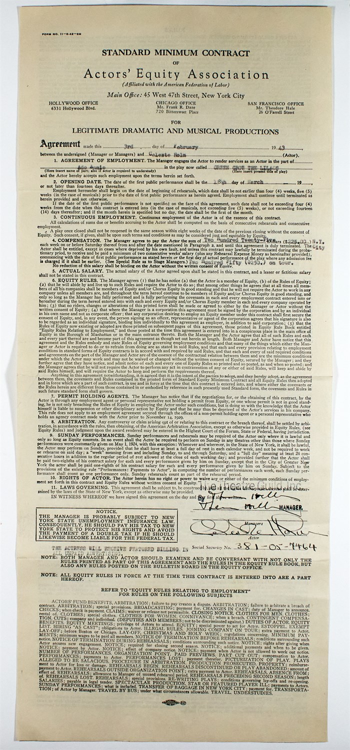 Lot 10 - OKLAHOMA! Celeste Holm's signed contract for...