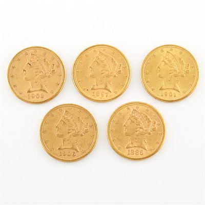 Lot 1017 - United States $5 Liberty Head Five coins dated...