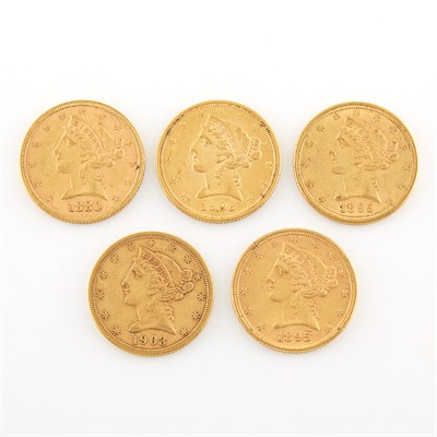 Lot 1014 - United States $5 Liberty Head Five coins dated...