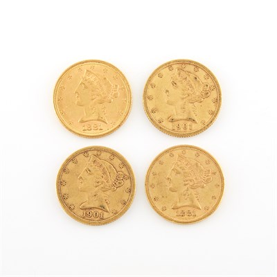 Lot 1015 - United States $5 Liberty Head Four coins dated...