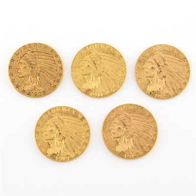 Lot 1018 - United States $5 Indian Head Five coins dated...