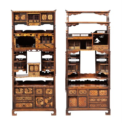 Lot 152 - A Matched Pair of Japanese Marquetry Shodana Cabinets