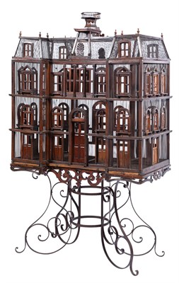 Lot 374 - Stained Wood Birdcage on Wrought-Iron Stand...