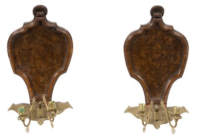 Lot 566 - Pair of Flemish Burr Walnut and Brass Wall Lights