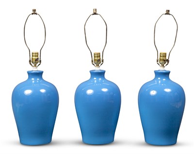 Lot 424 - Set of Three Turquoise Glazed Ceramic Lamps...
