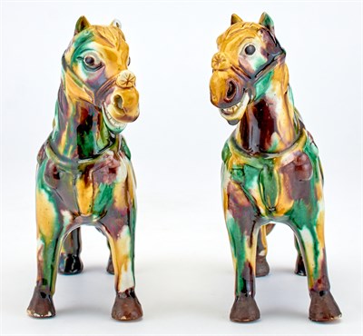 Lot 119 - A Pair of Chinese Sancai Glazed Porcelain Horse-Form Joss Stick Holders