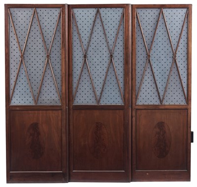 Lot 191 - Mahogany and Frosted Glass Three-Fold Screen...
