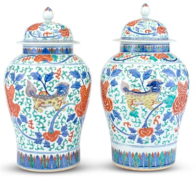 Lot 196 - A Pair of Chinese Wucai Porcelain Baluster...