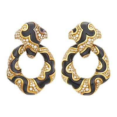 Lot 39 - Marina B Pair of Gold, Diamond and Oxidized Metal 'Ken' Hoop Pendant-Earclips