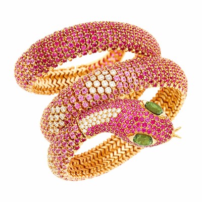 Lot 34 - Rose Gold, Ruby, Pink Sapphire, Diamond and Tourmaline Snake Bracelet