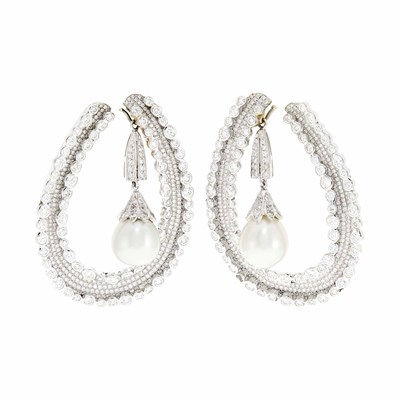 Lot 45 - Pair of White Gold, Cultured Pearl and Diamond Hoop Earclips