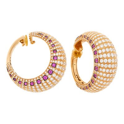Lot 35 - de Grisogono Pair of Rose Gold, Diamond and Ruby Hoop Earclips