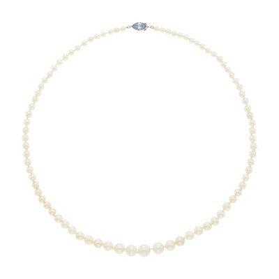 Lot 124 - Natural Pearl Necklace with Platinum and Fancy Intense Blue Diamond Clasp