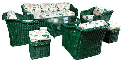 Lot 386 - Group of Upholstered Green Painted Wicker...