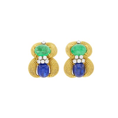 Lot 71 - David Webb Pair of Gold, Platinum, Cabochon Emerald, Sapphire and Diamond Earclips
