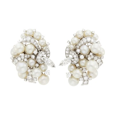 Lot 104 - David Webb Pair of Platinum, Cultured Pearl and Diamond Cluster Earclips
