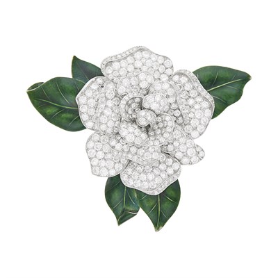 Lot 218 - Oscar Heyman & Brothers Platinum, White Gold, Diamond and Enamel 'Gardenia' Brooch