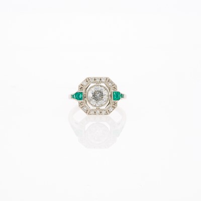Lot 1097 - Platinum, Diamond and Emerald Ring