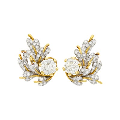 Lot 95 - Schlumberger Monture Pair of Platinum, Gold and Diamond Earclips, France