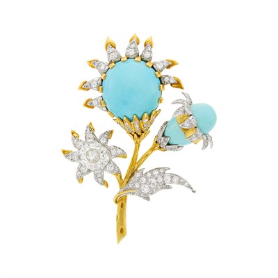 Lot 94 - Schlumberger Monture Gold, Platinum, Turquoise and Diamond Flower Brooch, France