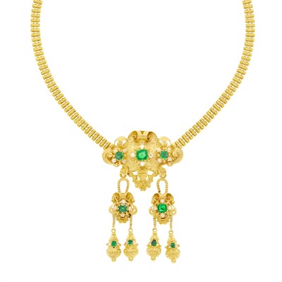Lot 70 - Antique Gold, Emerald and Diamond Pendant-Necklace and Bracelet, France