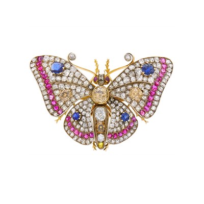 Lot 80 - Antique Silver, Gold, Colored Diamond, Diamond, Sapphire and Ruby 'En Tremblant' Butterfly Brooch