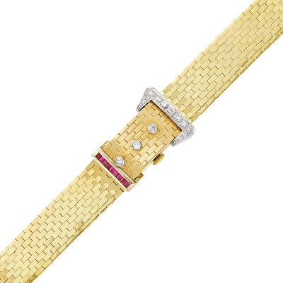 Lot 1109 - Two-Color Gold, Diamond and Ruby Buckle Bracelet-Watch