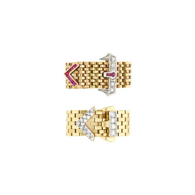 Lot 1110 - Gold and Diamond Slide Buckle Ring and Tricolor Gold, Diamond and Ruby Slide Buckle Ring