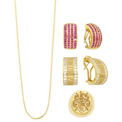 Lot 1111 - Pair of Gold and Ruby Earrings, Pair of Gold and Simulated Diamond Earrings, Gold Chain and Gold Seal Ring