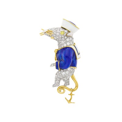 Lot 74 - Donald Claflin for Tiffany & Co. Gold, Platinum, Enamel and Diamond 'Stuart Little' Sailor Mouse Clip-Brooch