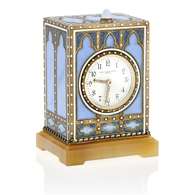 Lot 81 - Art Deco Silver, Enamel and Agate Minute Repeating Desk Clock, Retailed by Shreve, Crump & Low