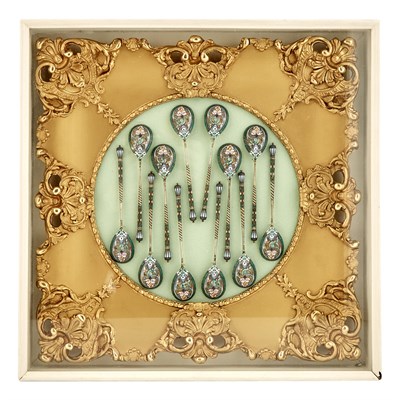 Lot 1149 - Set of Twelve Russian Silver and Cloisonné...