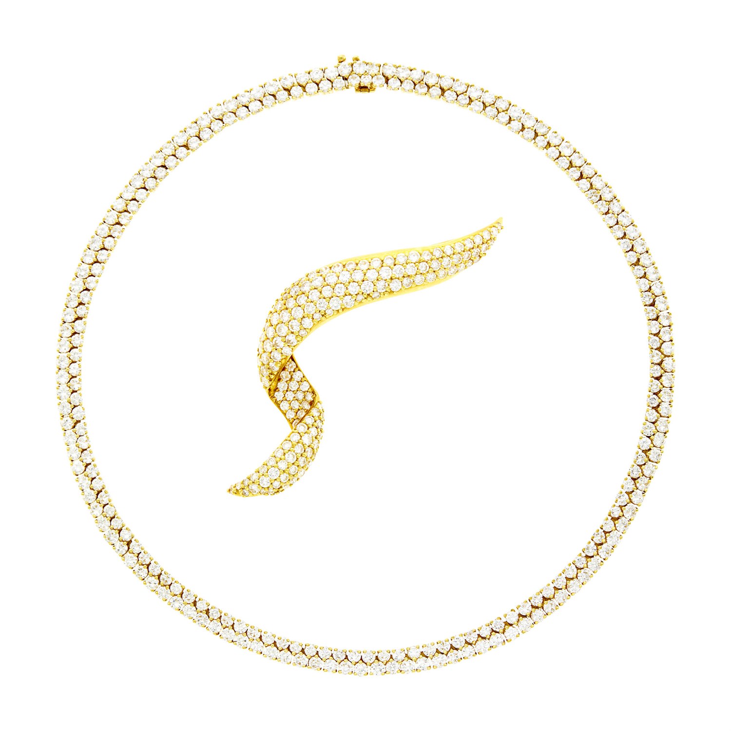 Jose Hess Gold and Diamond Necklace with Gold and Diamond Ribbon