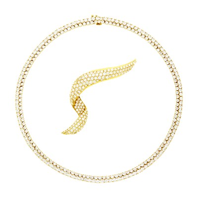 Lot 37 - Jose Hess Gold and Diamond Necklace with Gold and Diamond Ribbon Enhancer-Brooch