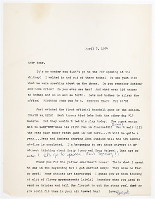 Lot 1136 - BRIGID BERLIN Typed letter signed to Andy...