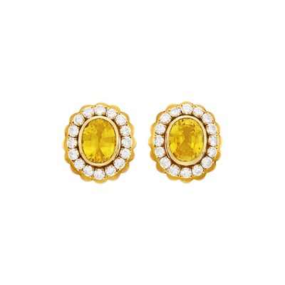 Lot 2 - Van Cleef & Arpels Pair of Gold, Yellow Sapphire and Diamond Earclips, France